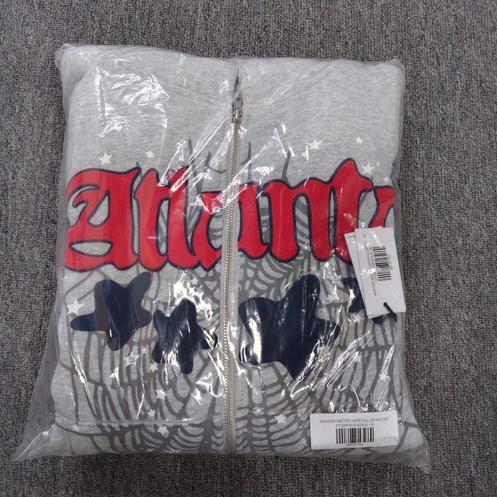 Gray Zip-Up ATLANTA Sp5der Hoodie with Red and Blue Print